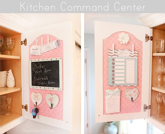 (image and idea from How to Nest for Less) Beautiful kitchen command center inside the cabinet door. Chalkboard, hooks for keys, menu etc.