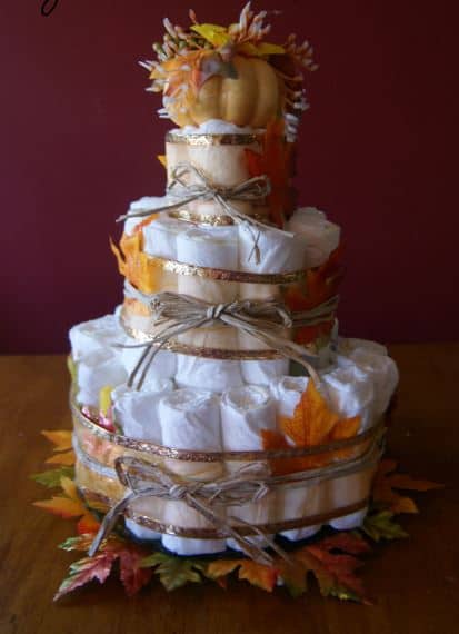 Little Pumpkin Baby Shower. Fall themed diaper cake. (Image Credit: Frugal Fanatic)