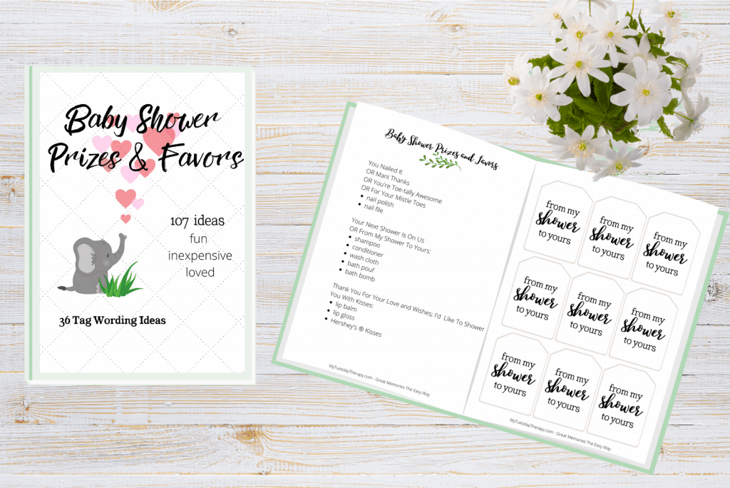 Baby shower prize and favor ideas. Baby shower favor tag wording ideas and tag printables.