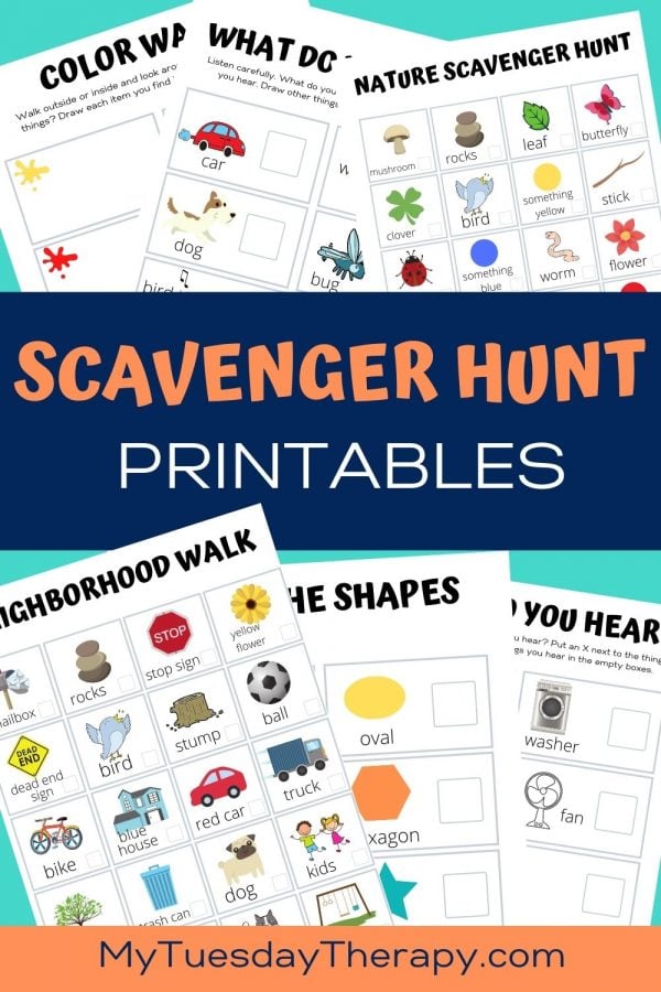 Scavenger Hunt printables: color walk, what do you hear, nature, neighborhood walk, find the shape, what do you hear in the house.