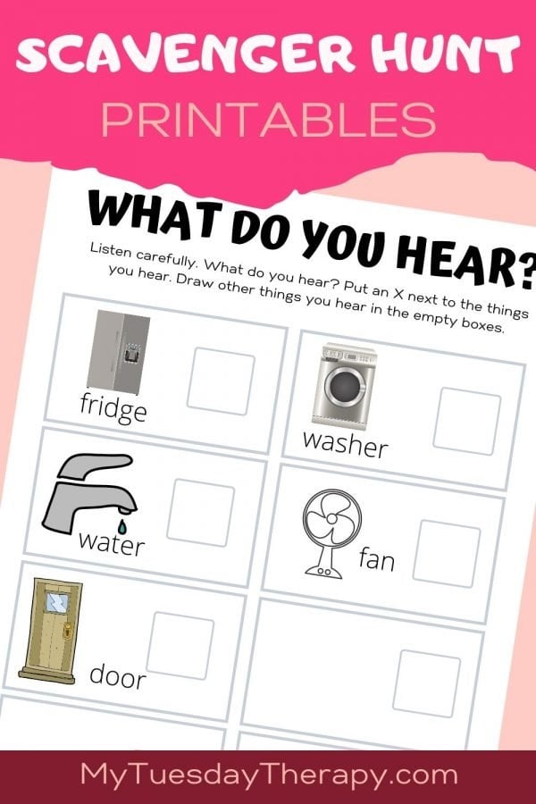 Sounds scavenger hunt for preschoolers. What do you hear inside.